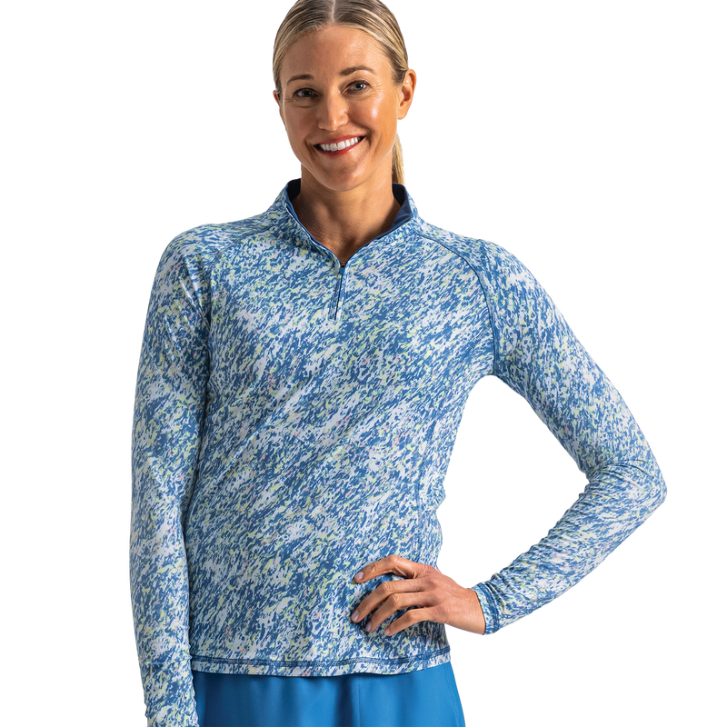 Quarter-Zip Long Sleeve Sun Protection Women - Lagoon Blue Multi Splatter