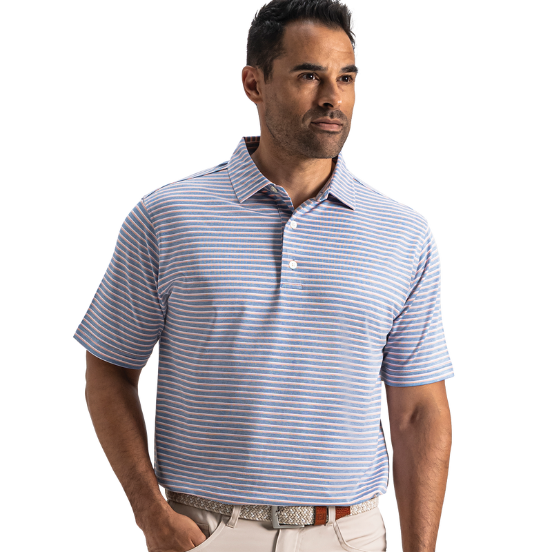 Heather Pin Pop Stripe Pique - Riviera Blue / Peach / White